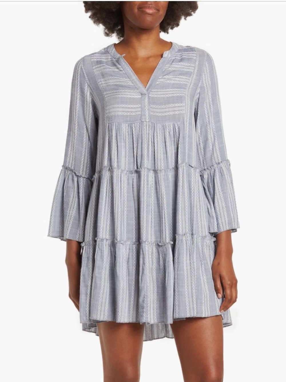 Elan Embroidered Tiered Swing Dress Cover-Up in Light Blue Chambray